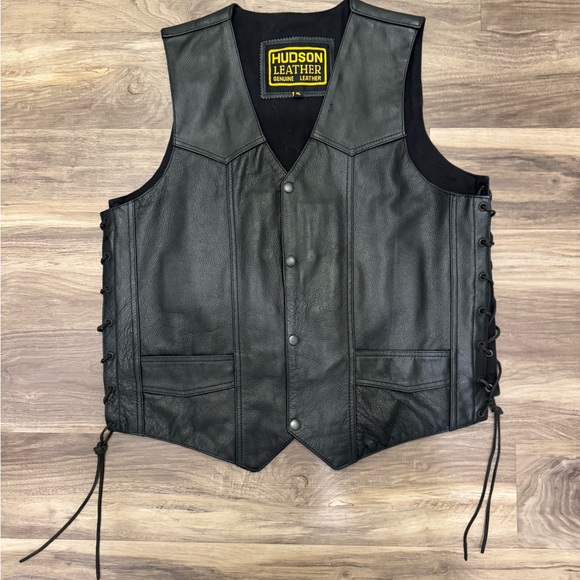 Black Leather Motorcycle Vest with Lace-Up Sides - Picture 1 of 6